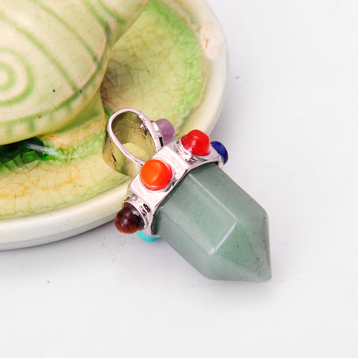 7 Chakra Hexagonal Cylinder Gemstone Crown Pendant 12X35MM