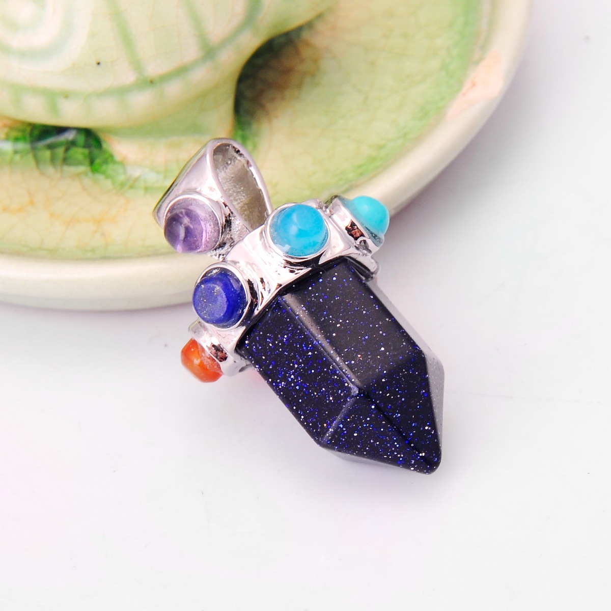 7 Chakra Hexagonal Cylinder Gemstone Crown Pendant 12X35MM