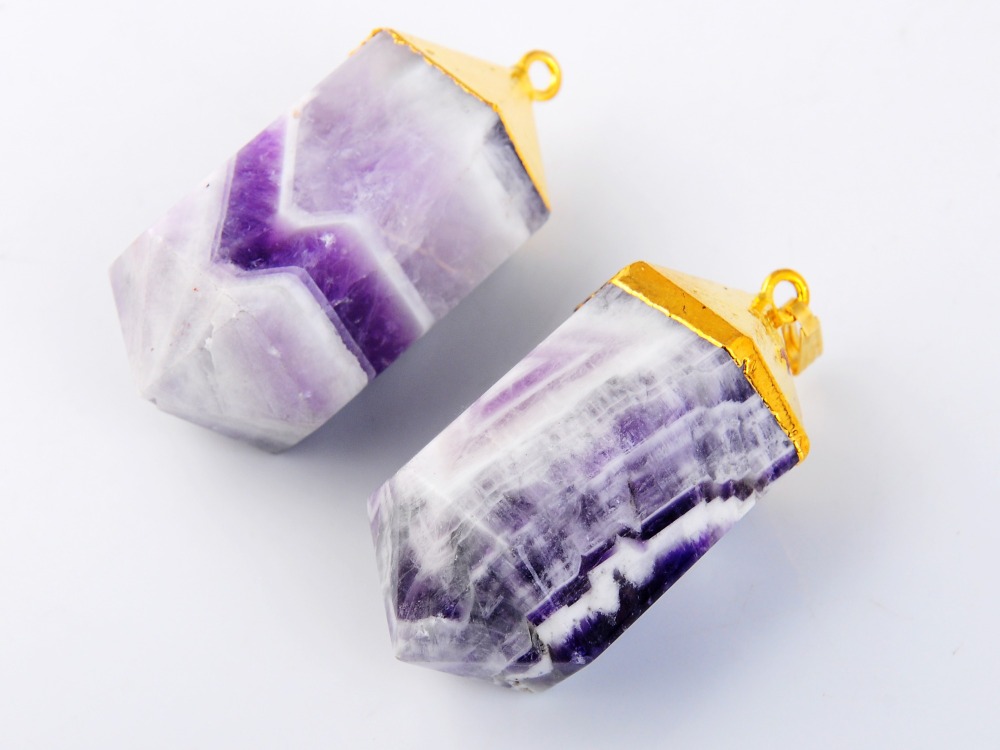 Gilded  Hexagonal Cylinder Gemstone Pendant Amethyst Turquoise