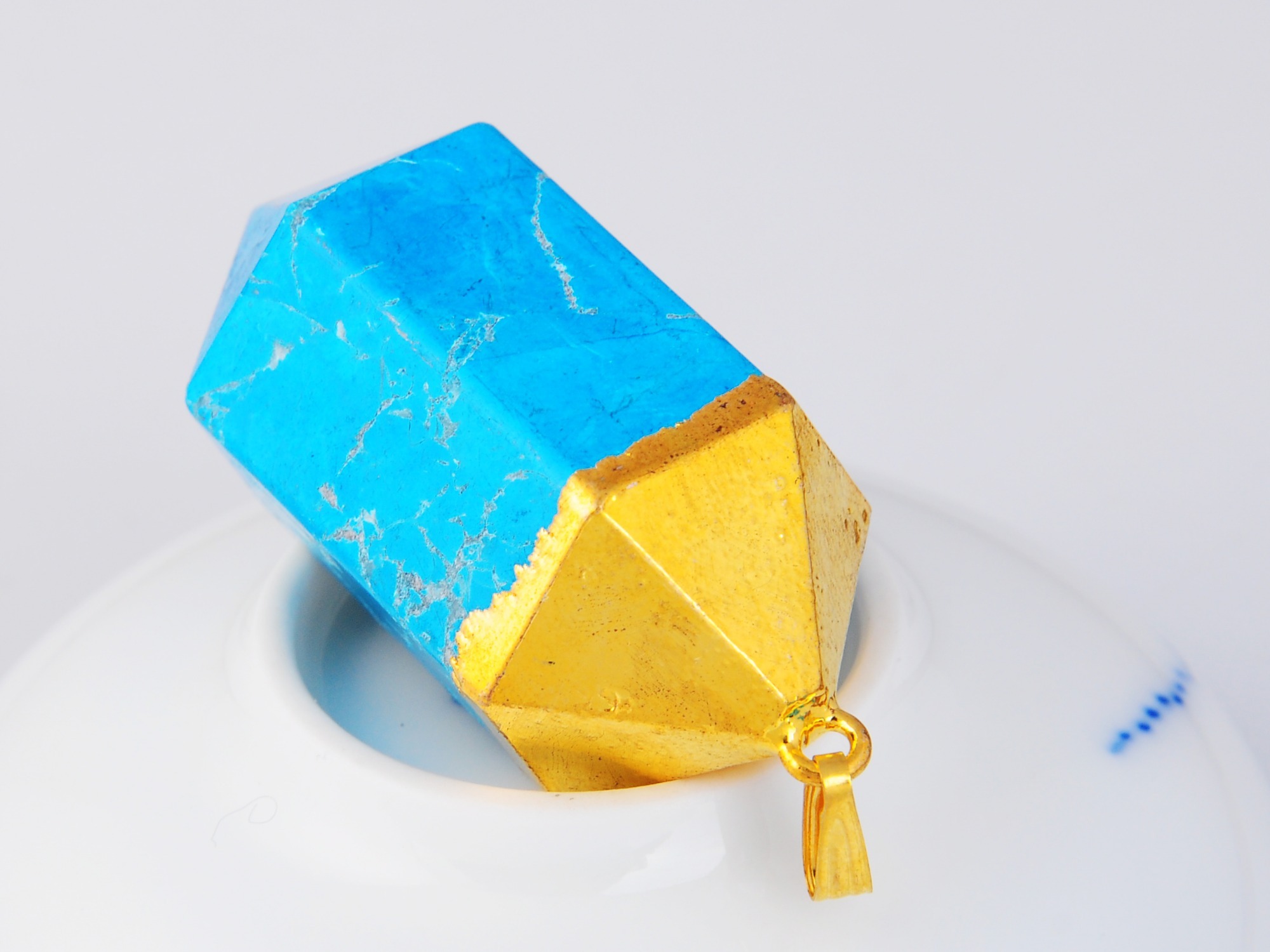 Gilded  Hexagonal Cylinder Gemstone Pendant Amethyst Turquoise