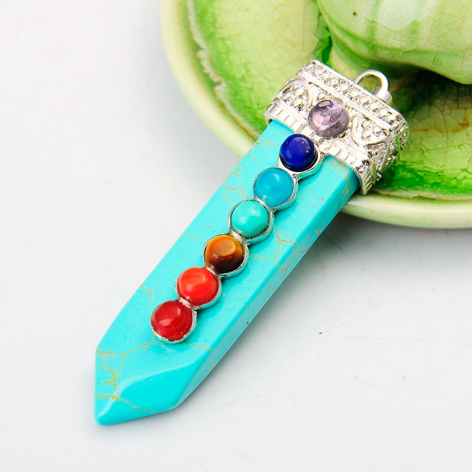 7 Chakra Silver Alloy Sword Gemstone Pendant