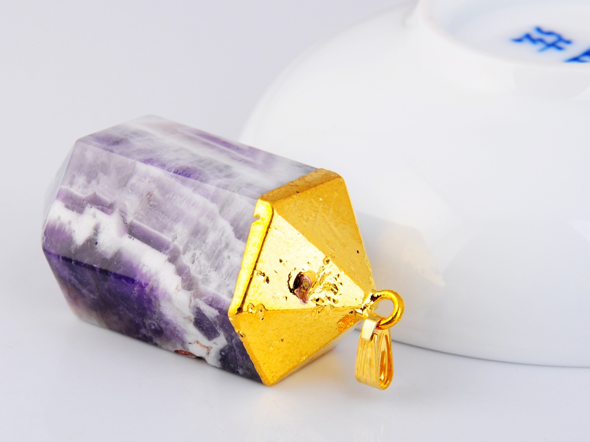 Gilded  Hexagonal Cylinder Gemstone Pendant Amethyst Turquoise