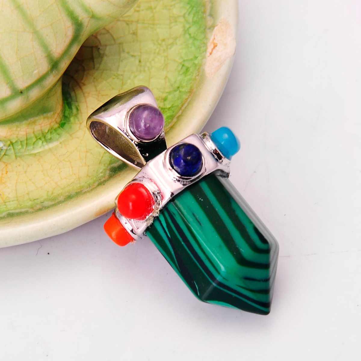 7 Chakra Hexagonal Cylinder Gemstone Crown Pendant 12X35MM