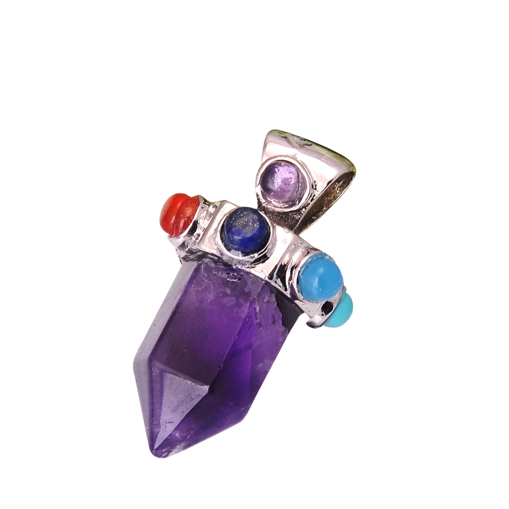 7 Chakra Hexagonal Cylinder Gemstone Crown Pendant 12X35MM