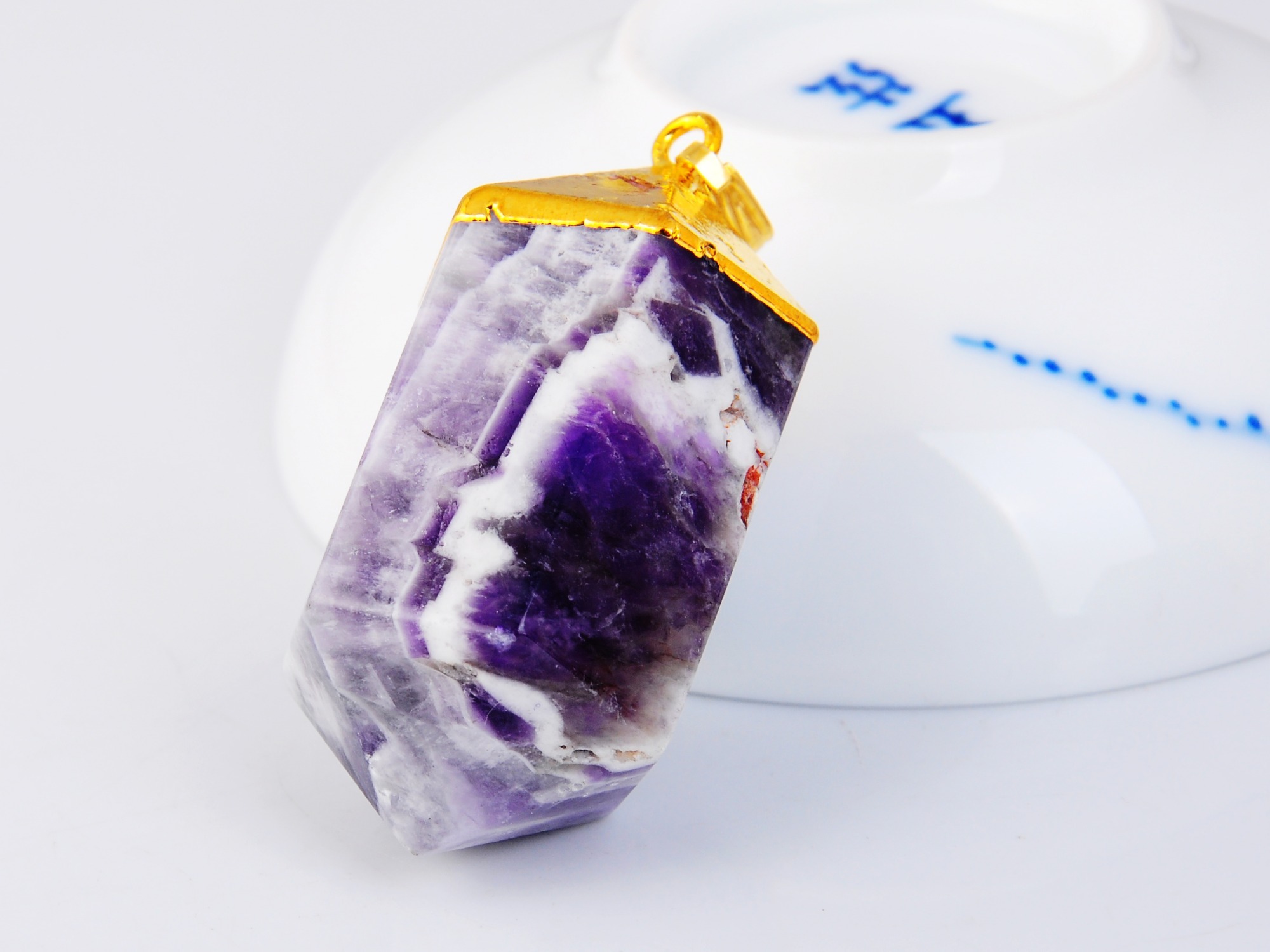 Gilded  Hexagonal Cylinder Gemstone Pendant Amethyst Turquoise
