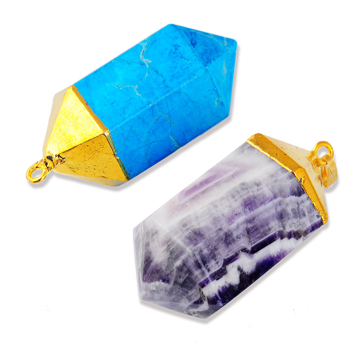 Gilded  Hexagonal Cylinder Gemstone Pendant Amethyst Turquoise