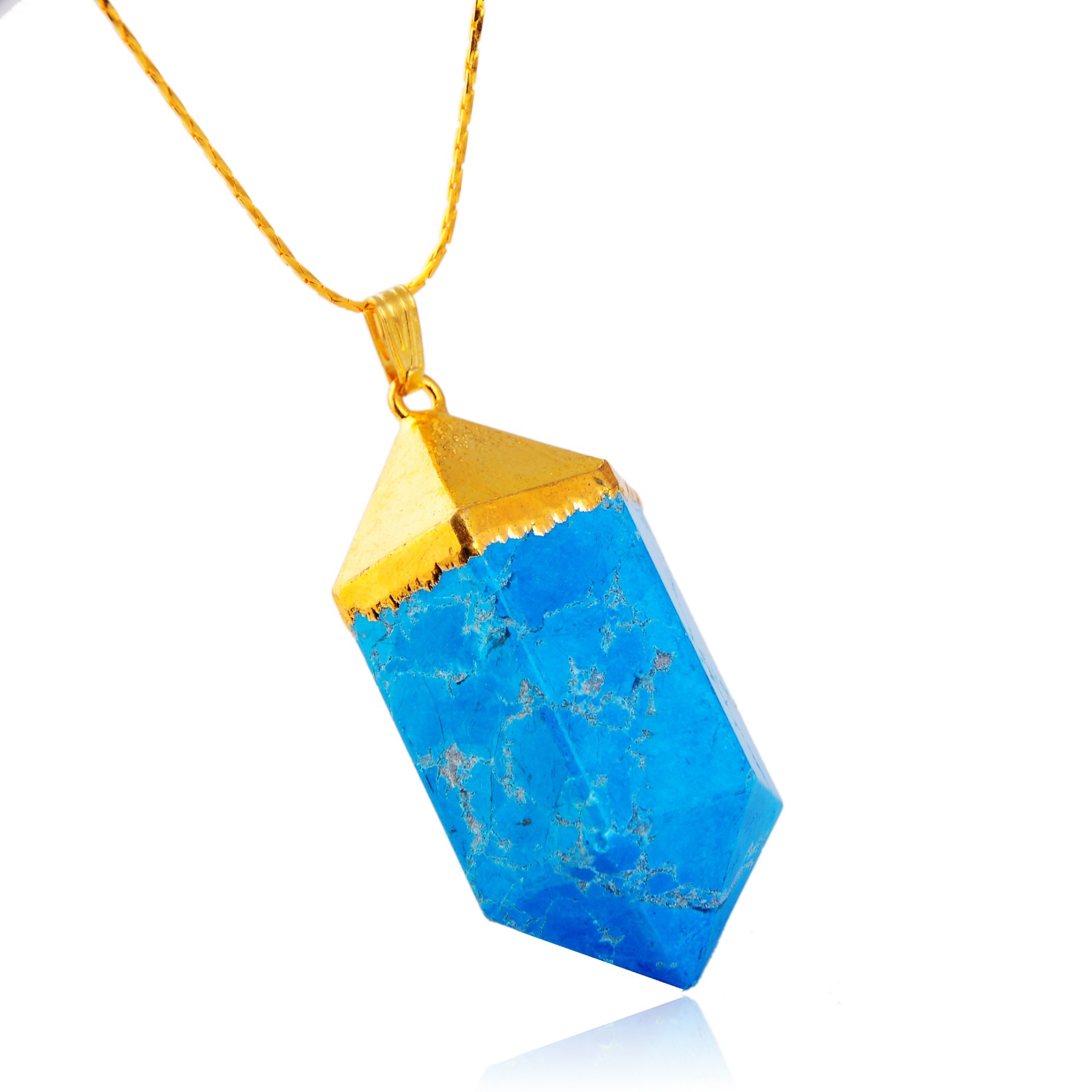Gilded  Hexagonal Cylinder Gemstone Pendant Amethyst Turquoise