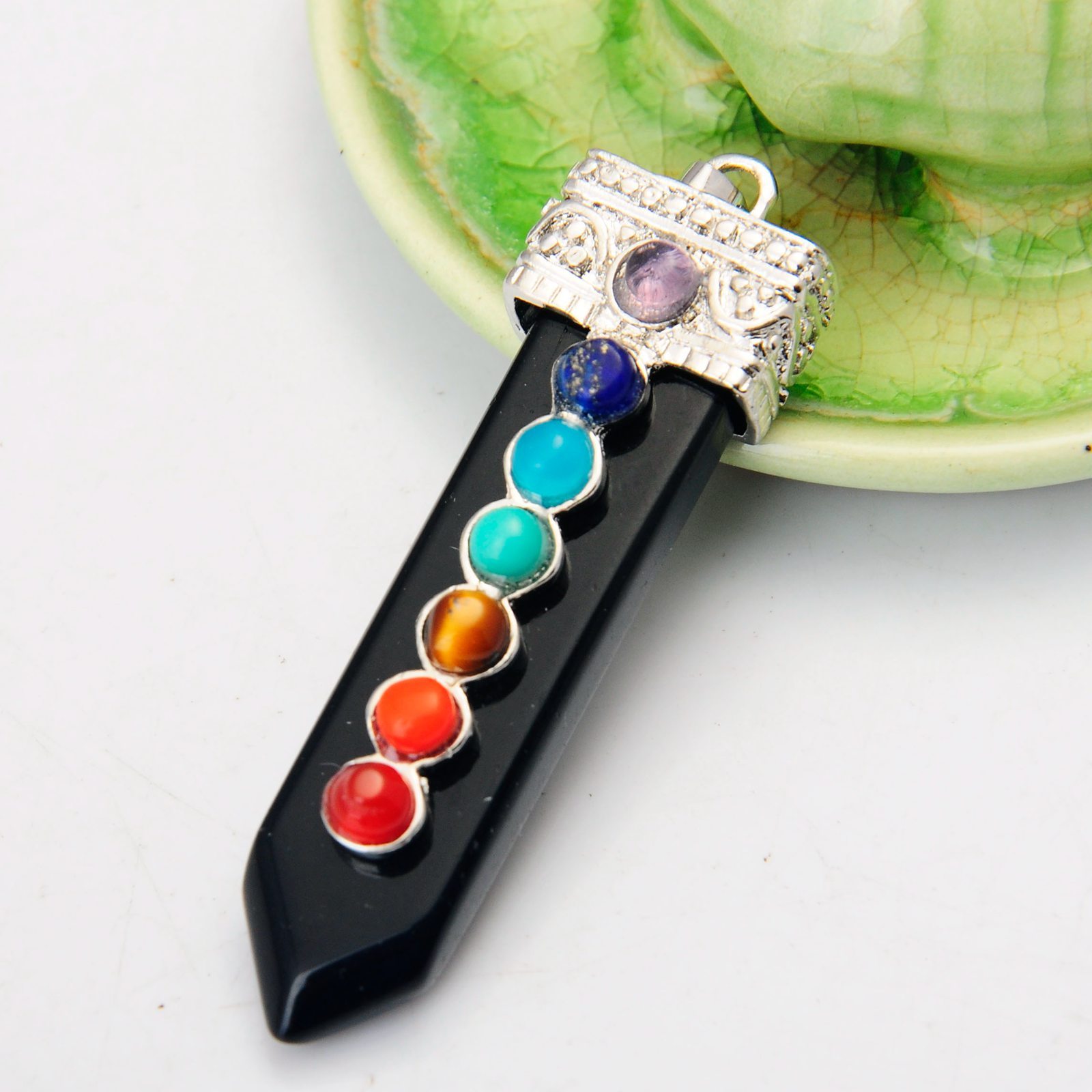 7 Chakra Silver Alloy Sword Gemstone Pendant