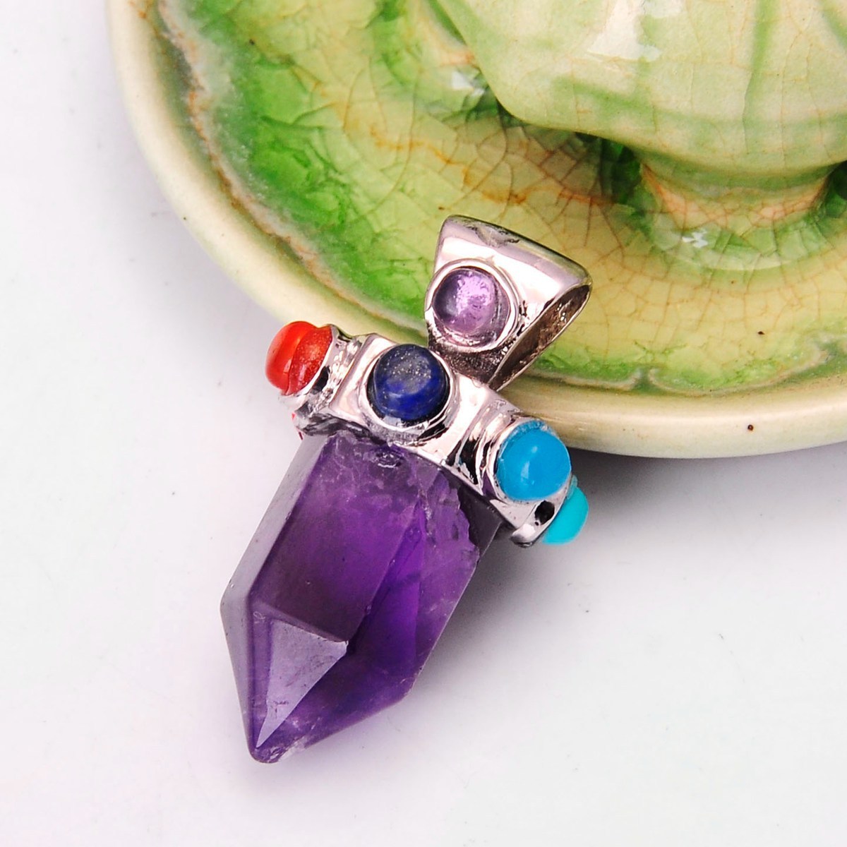 7 Chakra Hexagonal Cylinder Gemstone Crown Pendant 12X35MM