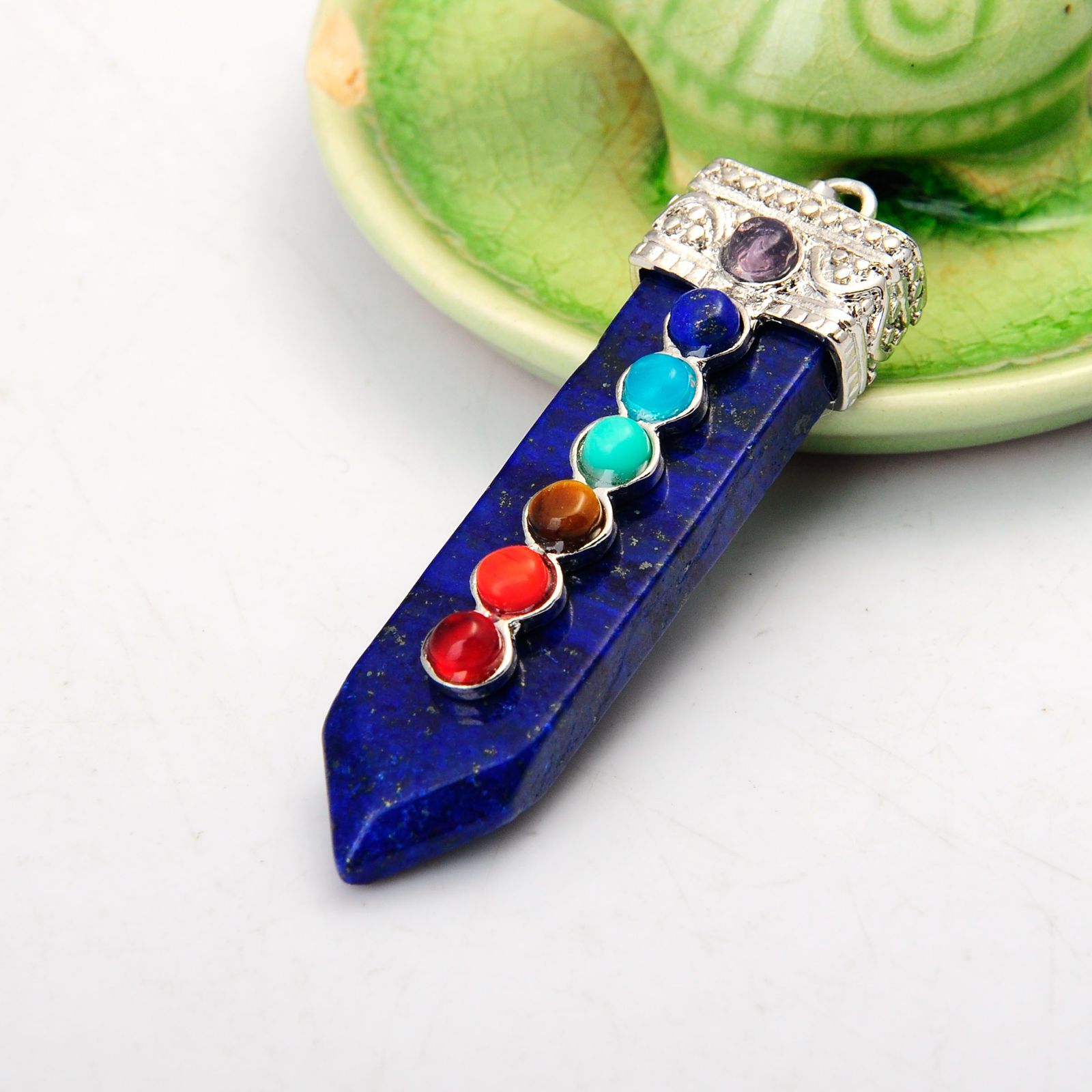 7 Chakra Silver Alloy Sword Gemstone Pendant