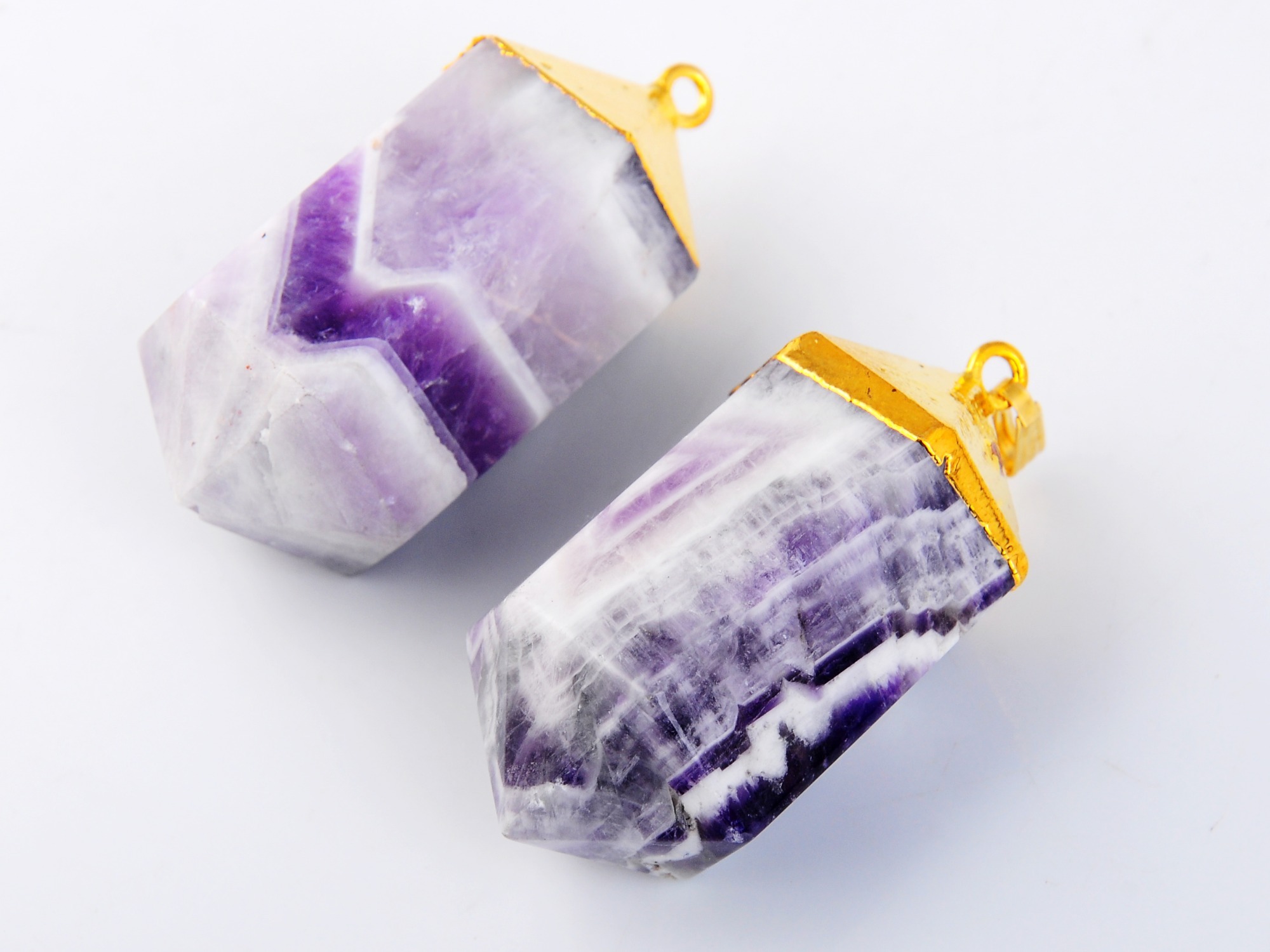 Gilded  Hexagonal Cylinder Gemstone Pendant Amethyst Turquoise