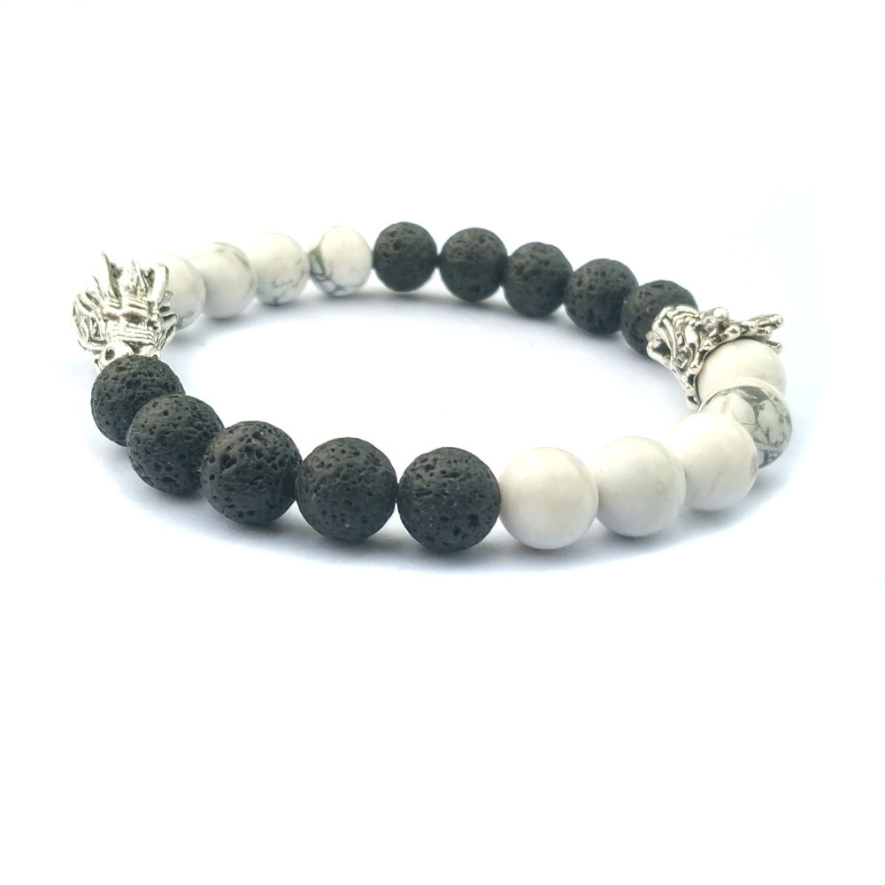 Double Dragon Alloy 8MM Howlite and Lava Stone Bracelet
