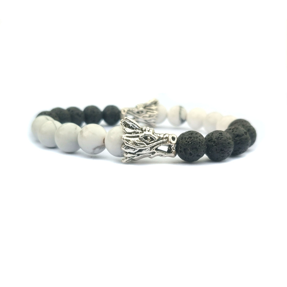 Double Dragon Alloy 8MM Howlite and Lava Stone Bracelet
