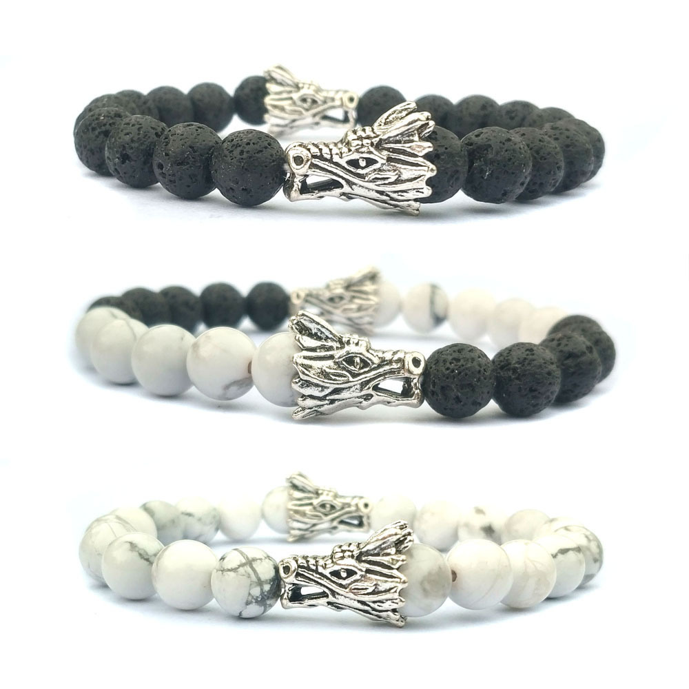 Double Dragon Alloy 8MM Howlite and Lava Stone Bracelet