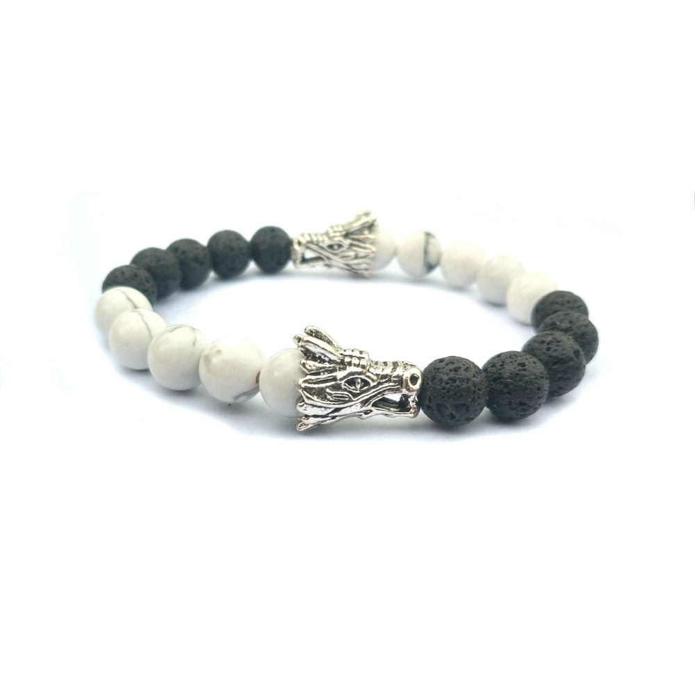 Double Dragon Alloy 8MM Howlite and Lava Stone Bracelet