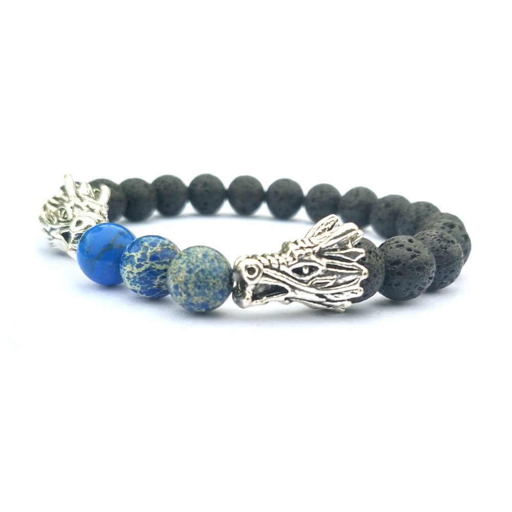 Double Dragon Alloy 8MM Imperial Jasper Lava Stone Bracelet