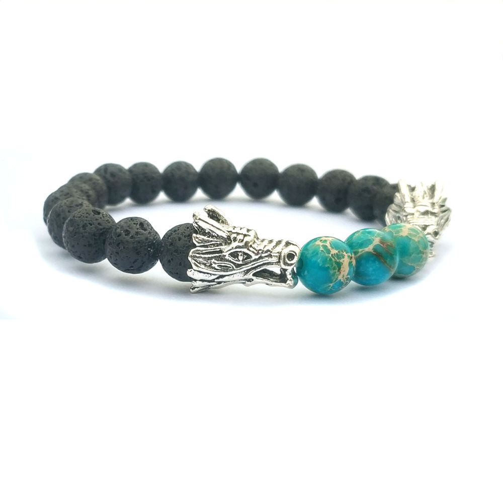 Double Dragon Alloy 8MM Imperial Jasper Lava Stone Bracelet