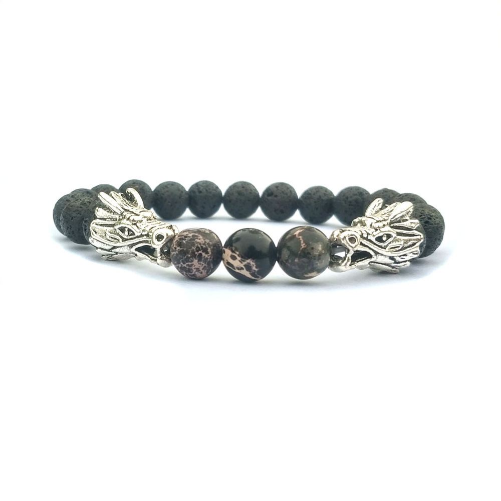 Double Dragon Alloy 8MM Imperial Jasper Lava Stone Bracelet