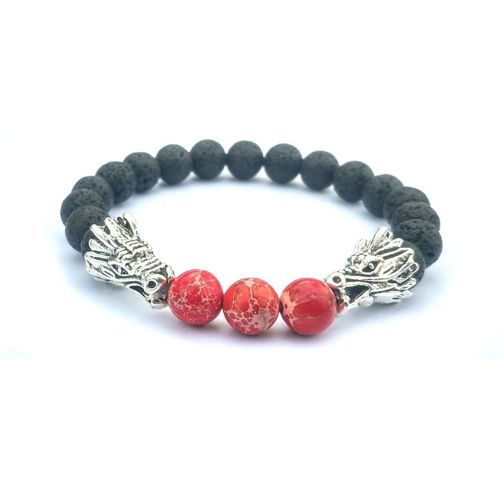 Double Dragon Alloy 8MM Imperial Jasper Lava Stone Bracelet