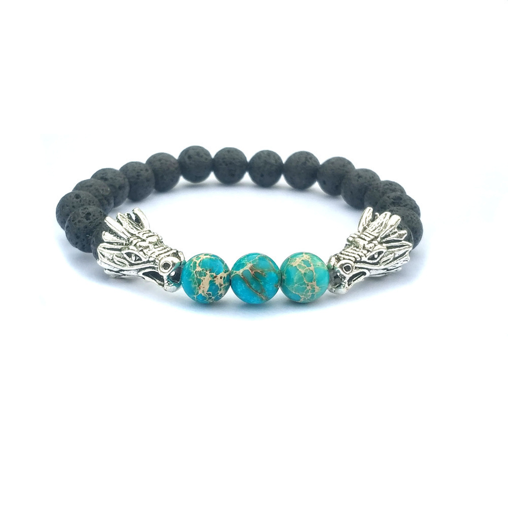 Double Dragon Alloy 8MM Imperial Jasper Lava Stone Bracelet