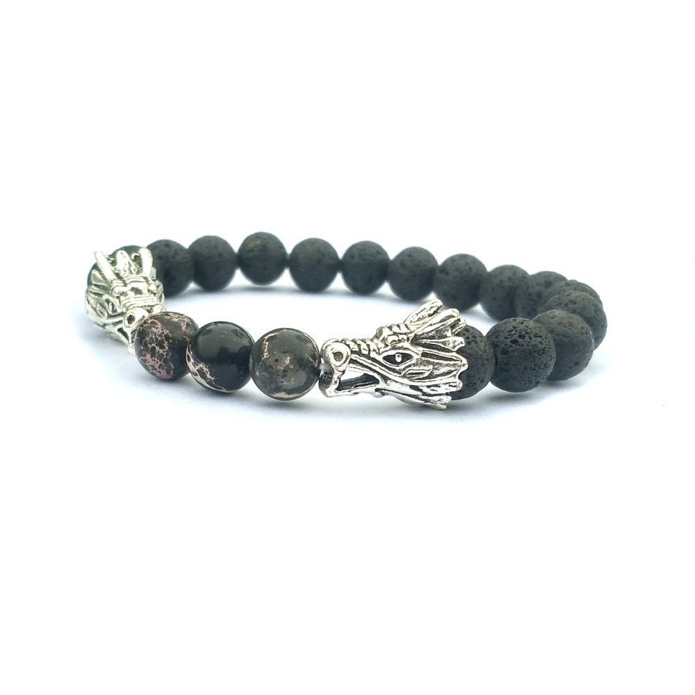 Double Dragon Alloy 8MM Imperial Jasper Lava Stone Bracelet