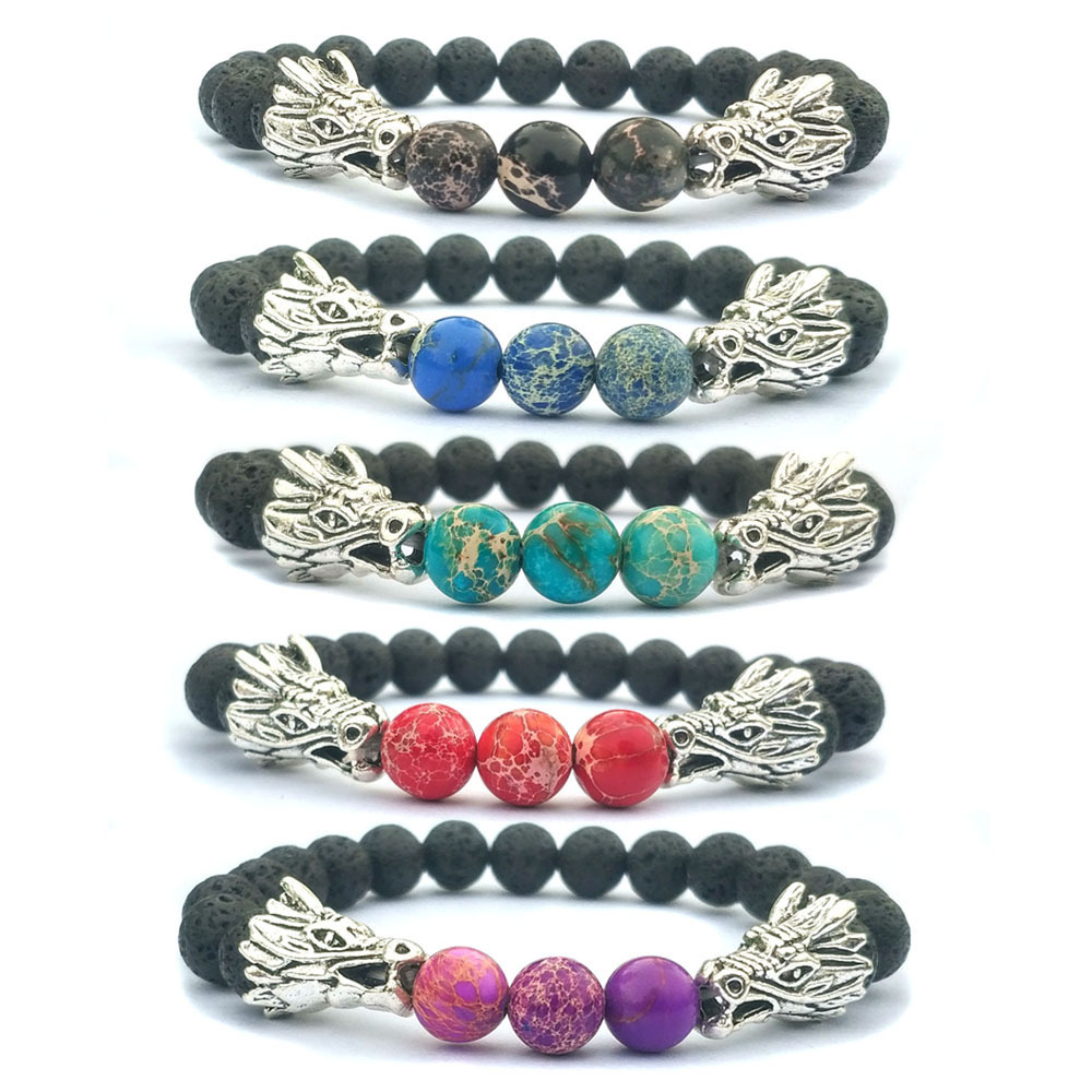 Double Dragon Alloy 8MM Imperial Jasper Lava Stone Bracelet
