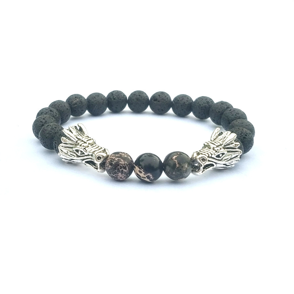 Double Dragon Alloy 8MM Imperial Jasper Lava Stone Bracelet