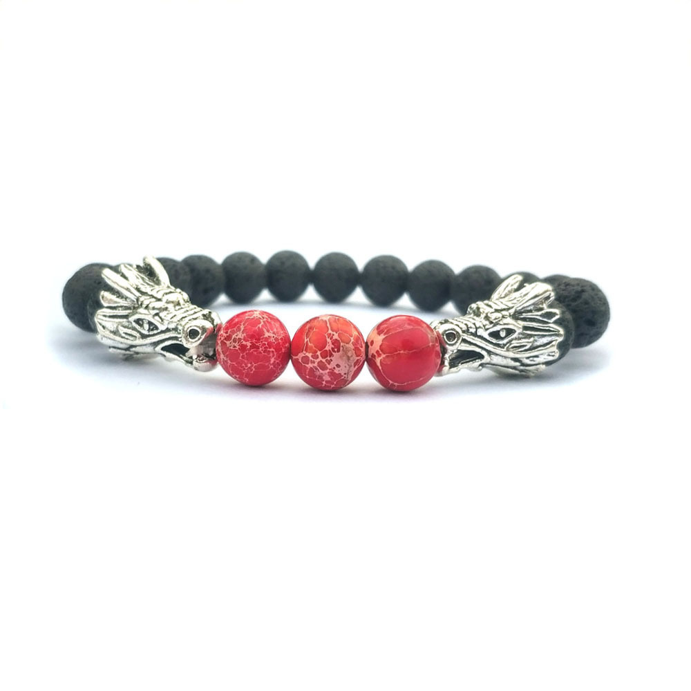 Double Dragon Alloy 8MM Imperial Jasper Lava Stone Bracelet