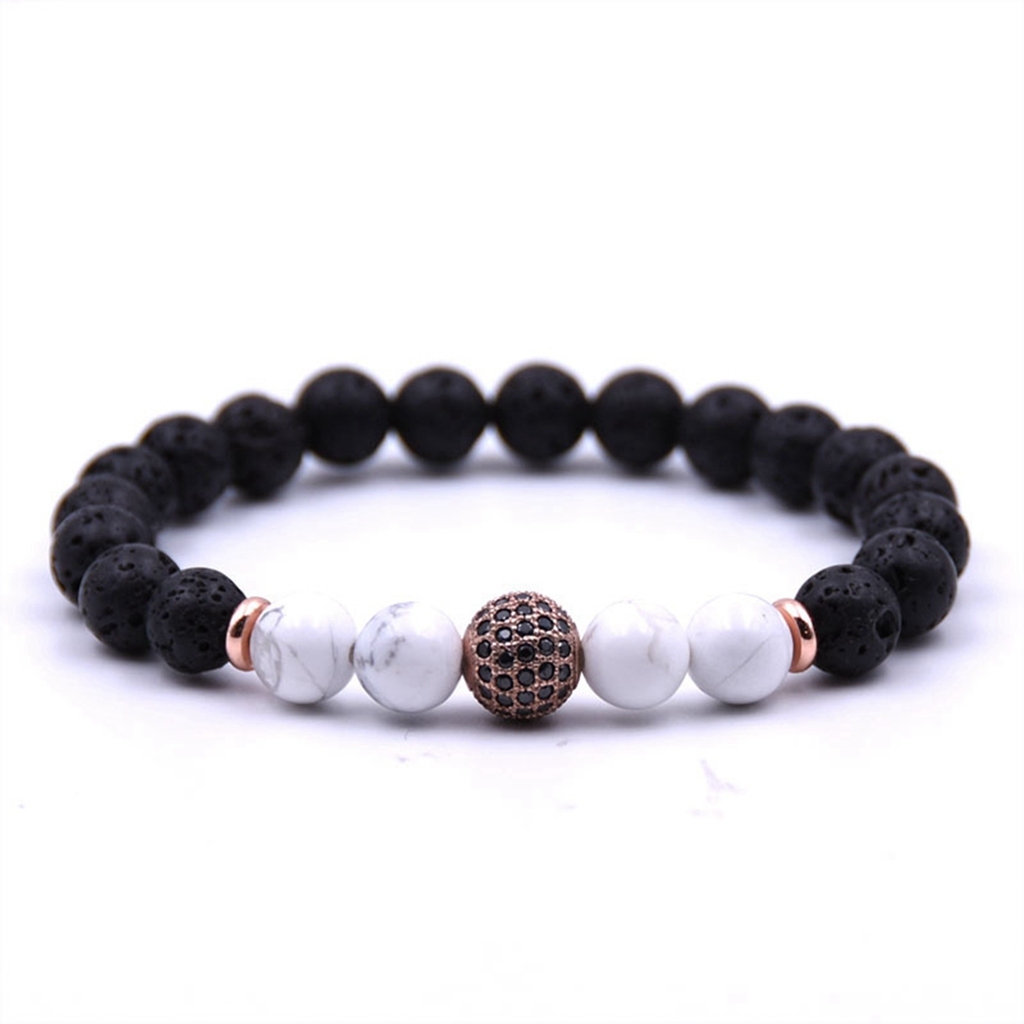 CZ Rhinestone Sphere Rock Lava Stone Howlite Stone Bracelet