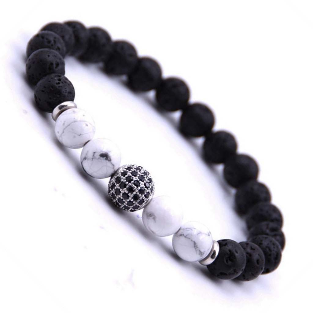 CZ Rhinestone Sphere Rock Lava Stone Howlite Stone Bracelet