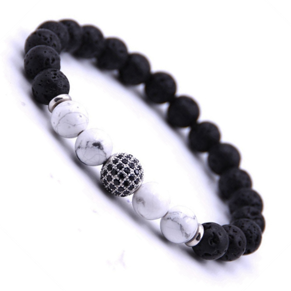 CZ Rhinestone Sphere Rock Lava Stone Howlite Stone Bracelet