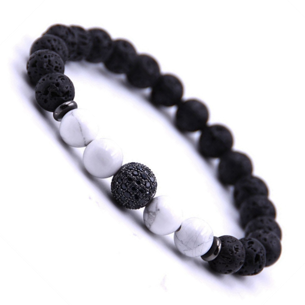CZ Rhinestone Sphere Rock Lava Stone Howlite Stone Bracelet