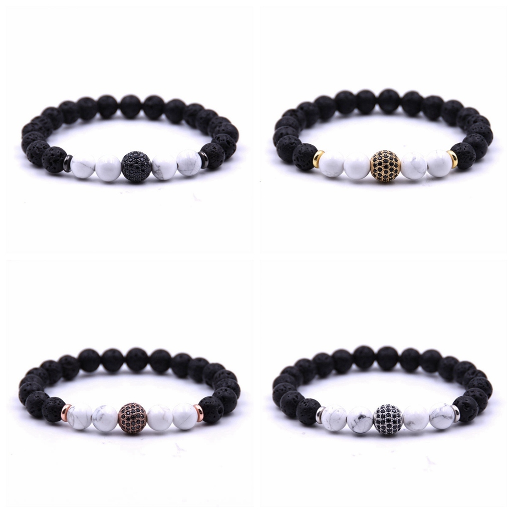 CZ Rhinestone Sphere Rock Lava Stone Howlite Stone Bracelet
