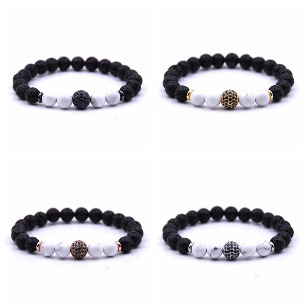 CZ Rhinestone Sphere Rock Lava Stone Howlite Stone Bracelet