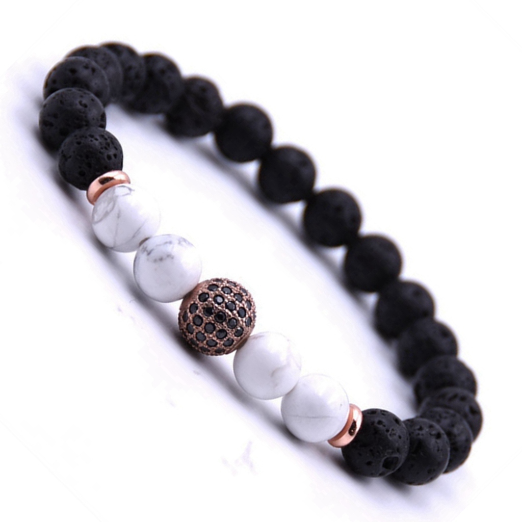 CZ Rhinestone Sphere Rock Lava Stone Howlite Stone Bracelet