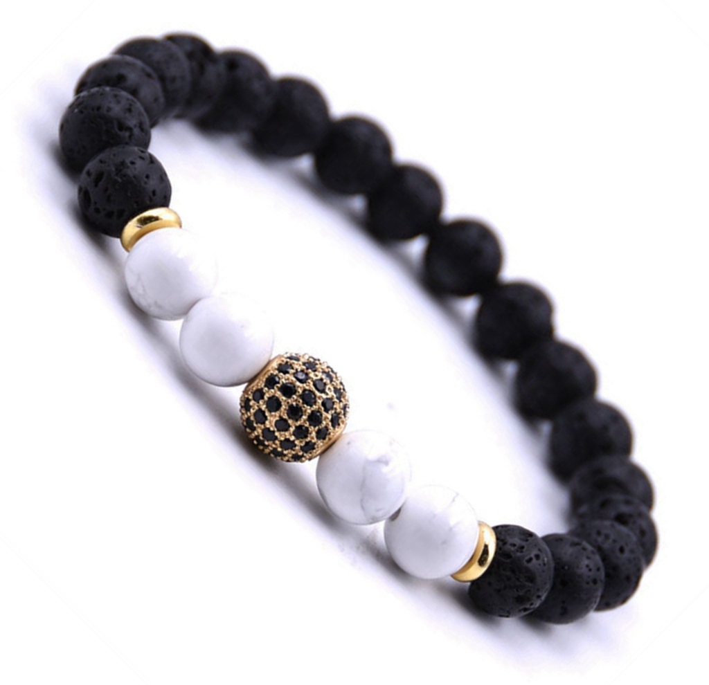 CZ Rhinestone Sphere Rock Lava Stone Howlite Stone Bracelet