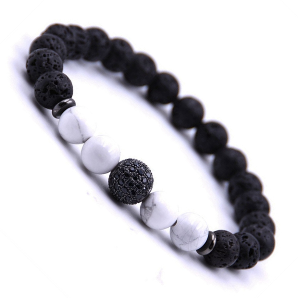 CZ Rhinestone Sphere Rock Lava Stone Howlite Stone Bracelet