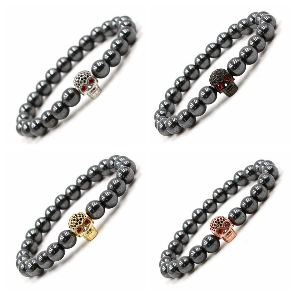 CZ Rhinestone Skull Alloy 8MM Magnetic Hematite Bracelet