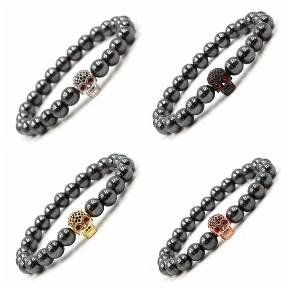 CZ Rhinestone Skull Alloy 8MM Magnetic Hematite Bracelet