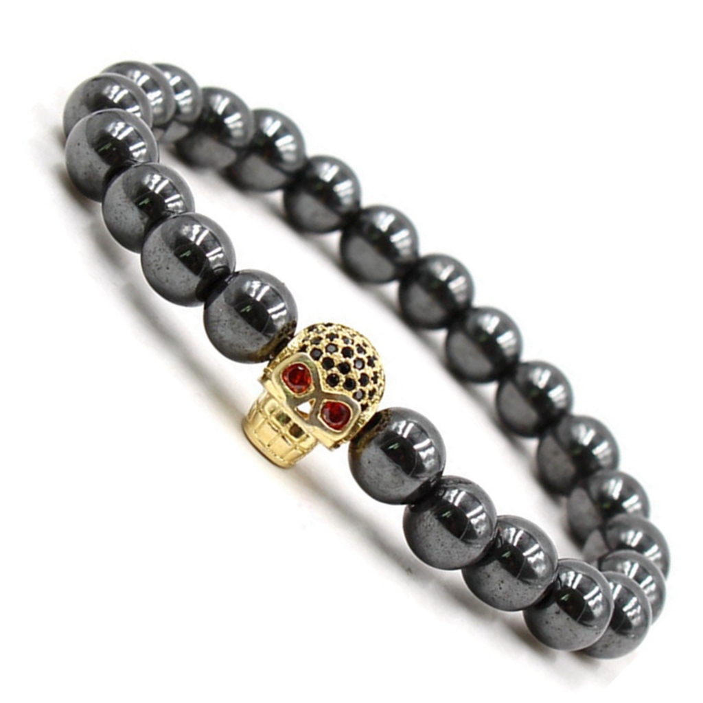 CZ Rhinestone Skull Alloy 8MM Magnetic Hematite Bracelet
