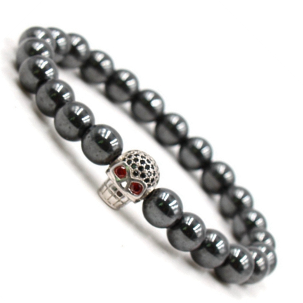 CZ Rhinestone Skull Alloy 8MM Magnetic Hematite Bracelet