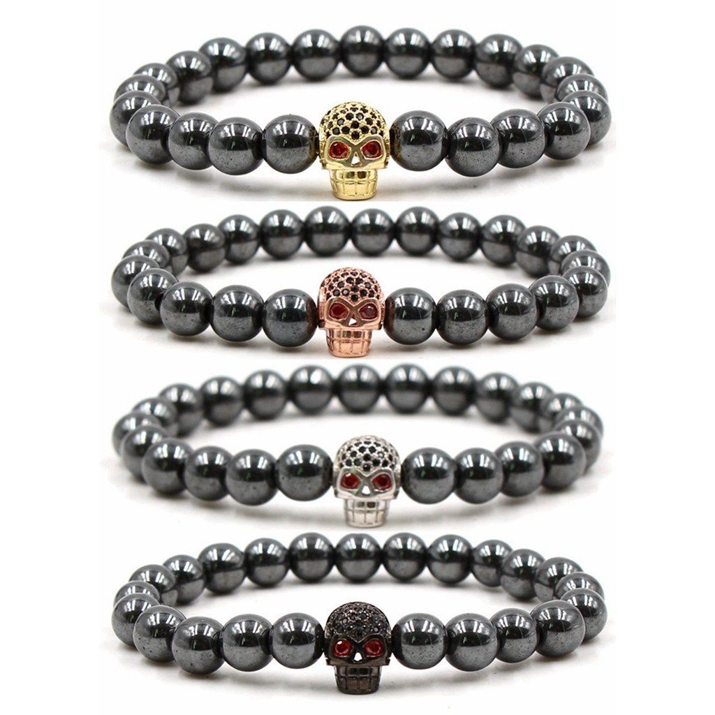 CZ Rhinestone Skull Alloy 8MM Magnetic Hematite Bracelet