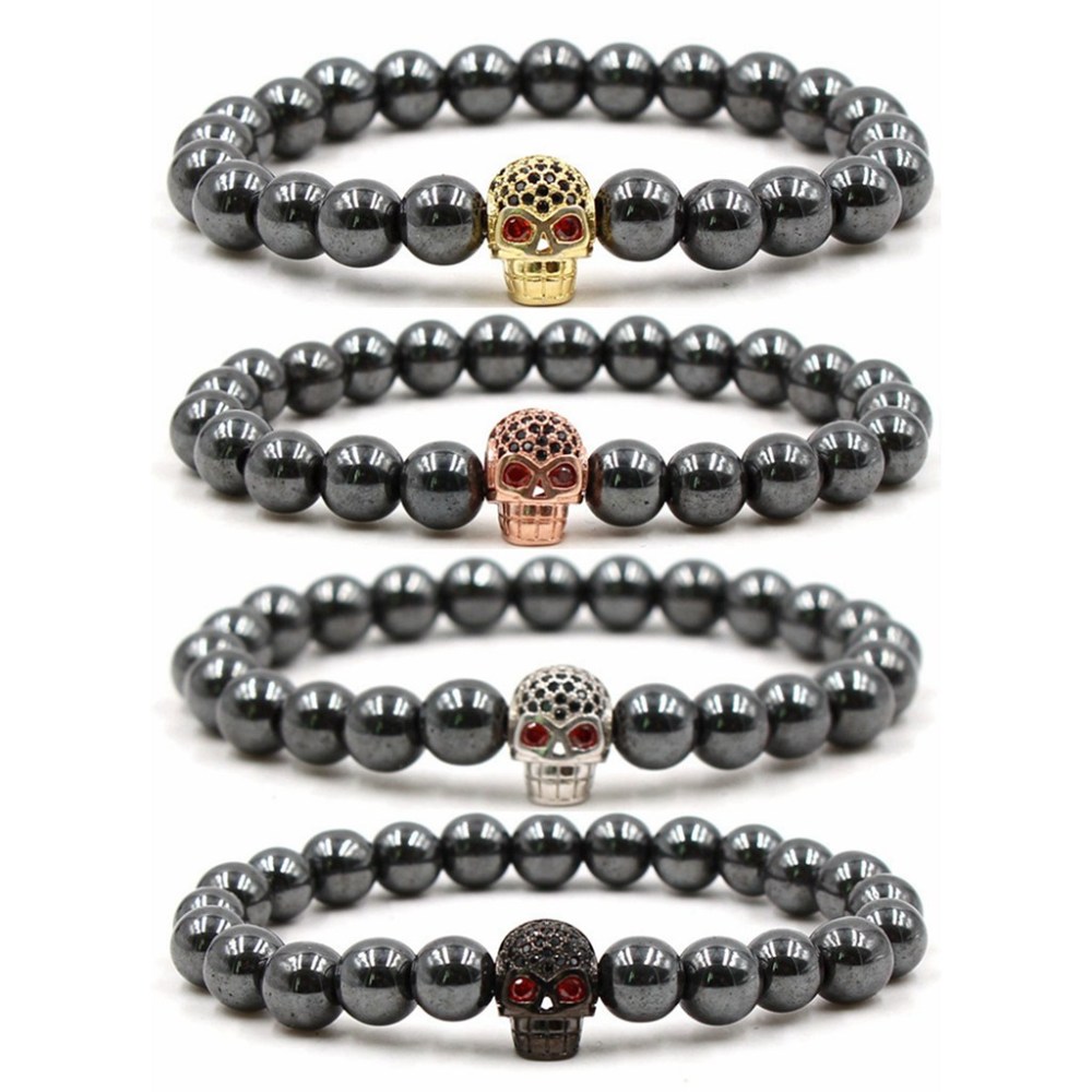 CZ Rhinestone Skull Alloy 8MM Magnetic Hematite Bracelet