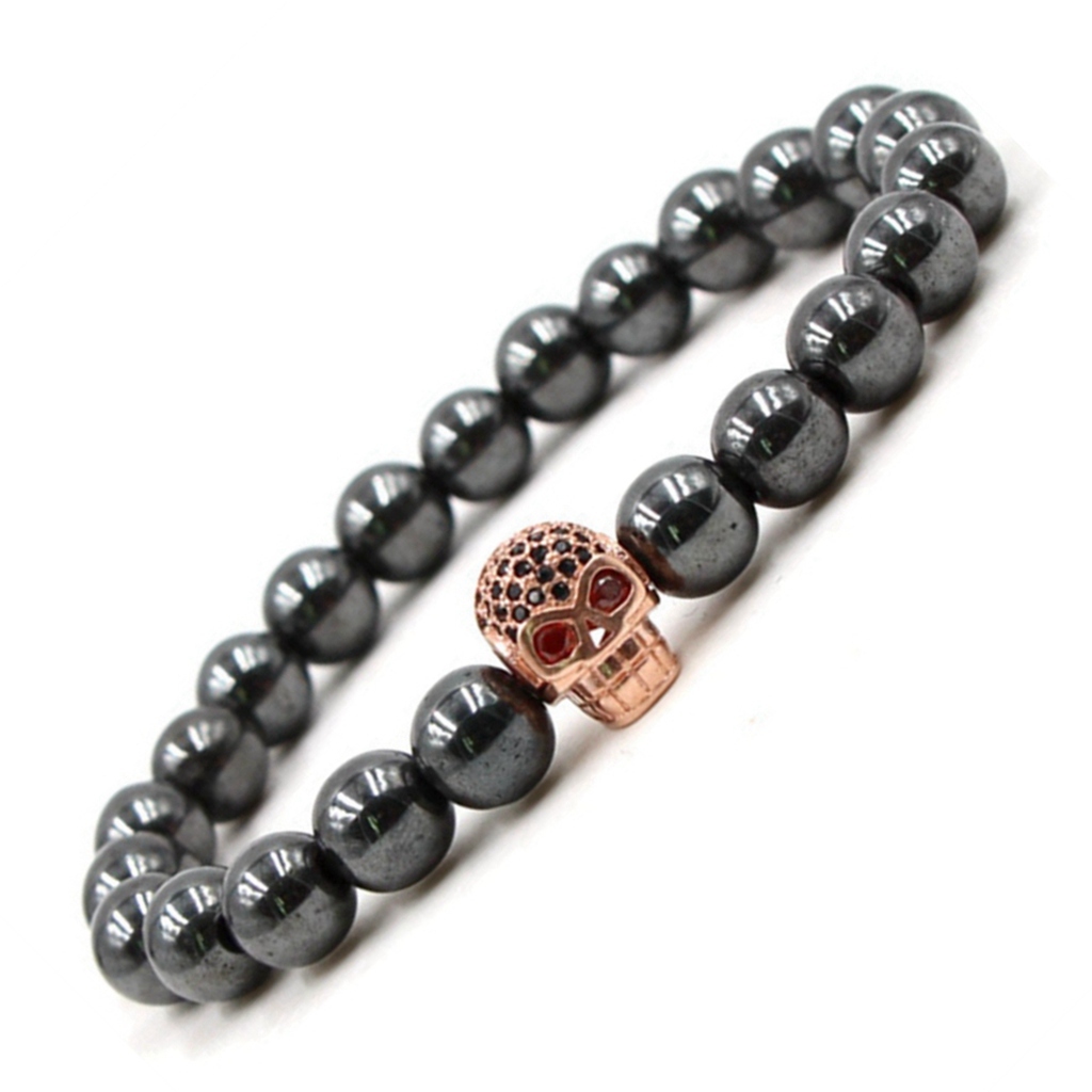 CZ Rhinestone Skull Alloy 8MM Magnetic Hematite Bracelet