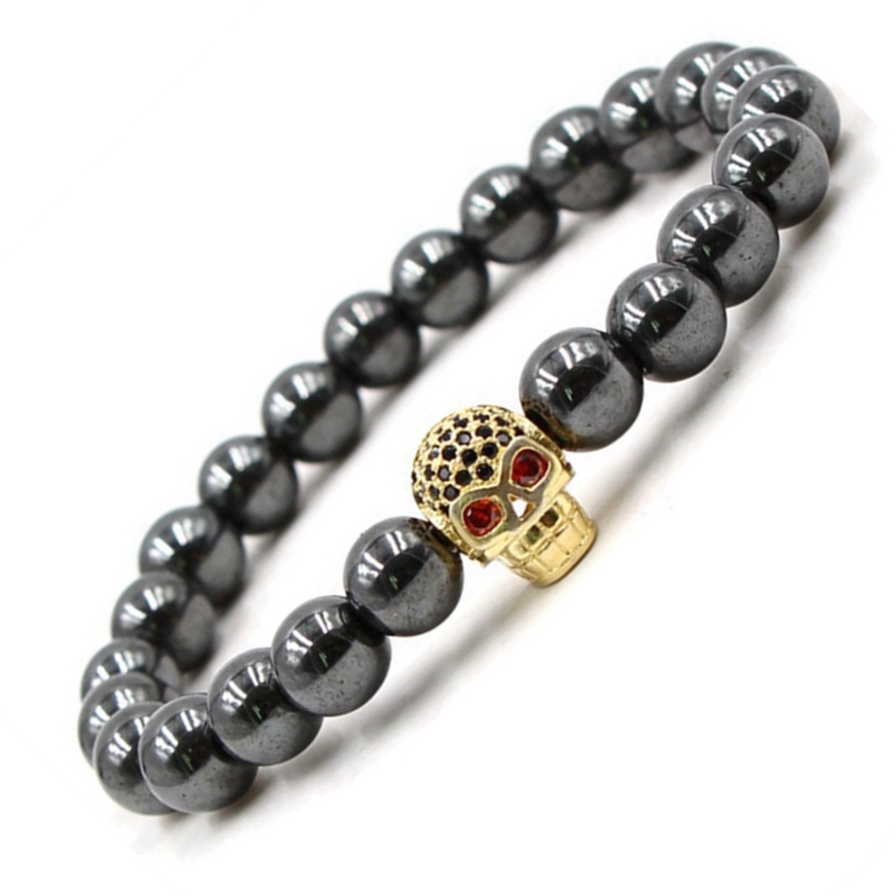 CZ Rhinestone Skull Alloy 8MM Magnetic Hematite Bracelet