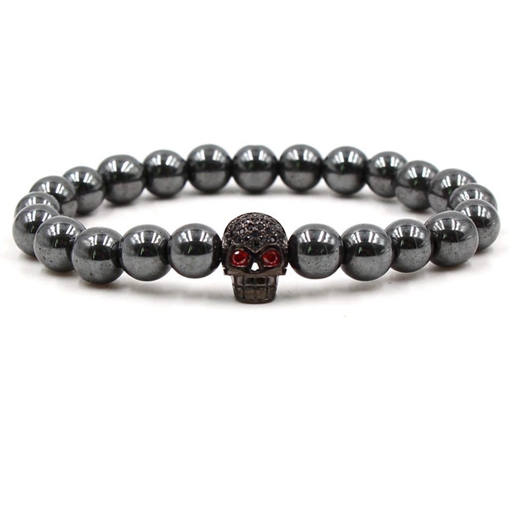 CZ Rhinestone Skull Alloy 8MM Magnetic Hematite Bracelet