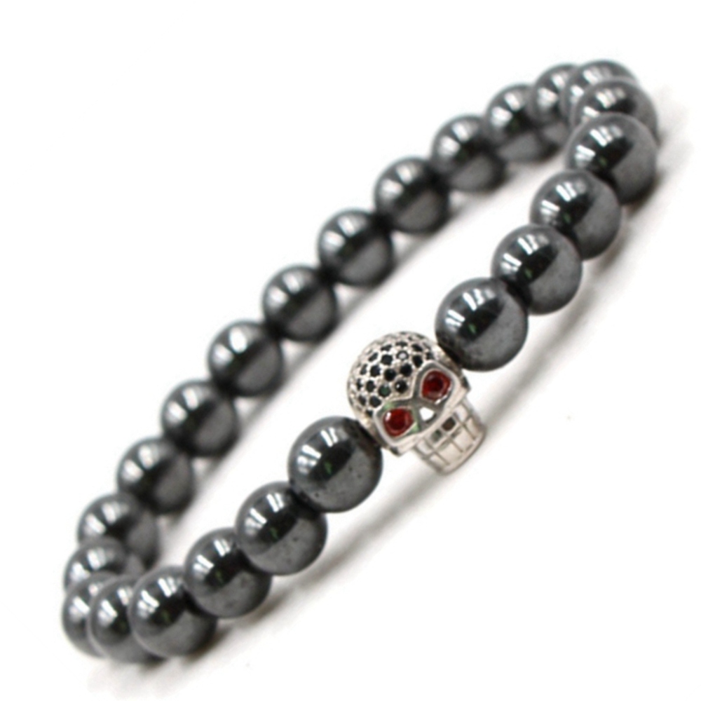 CZ Rhinestone Skull Alloy 8MM Magnetic Hematite Bracelet