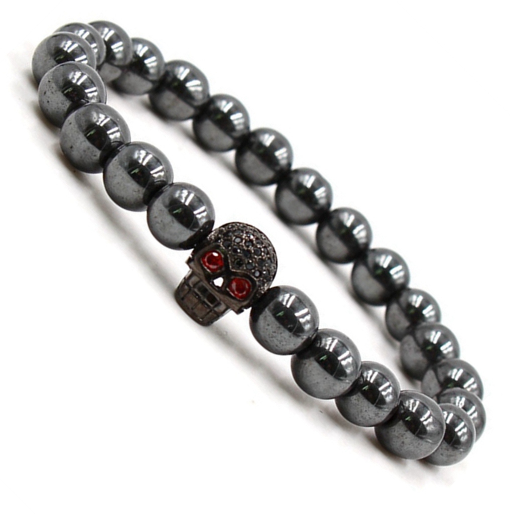 CZ Rhinestone Skull Alloy 8MM Magnetic Hematite Bracelet