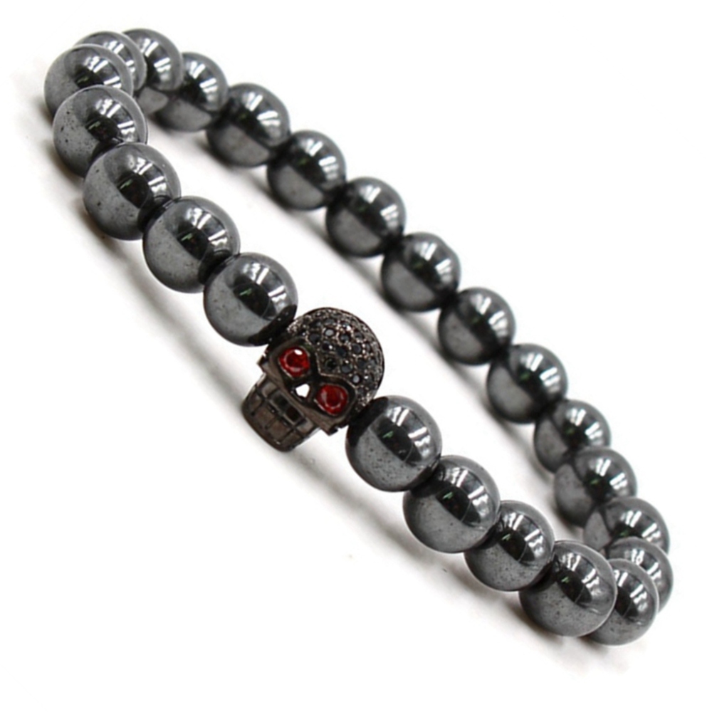 CZ Rhinestone Skull Alloy 8MM Magnetic Hematite Bracelet