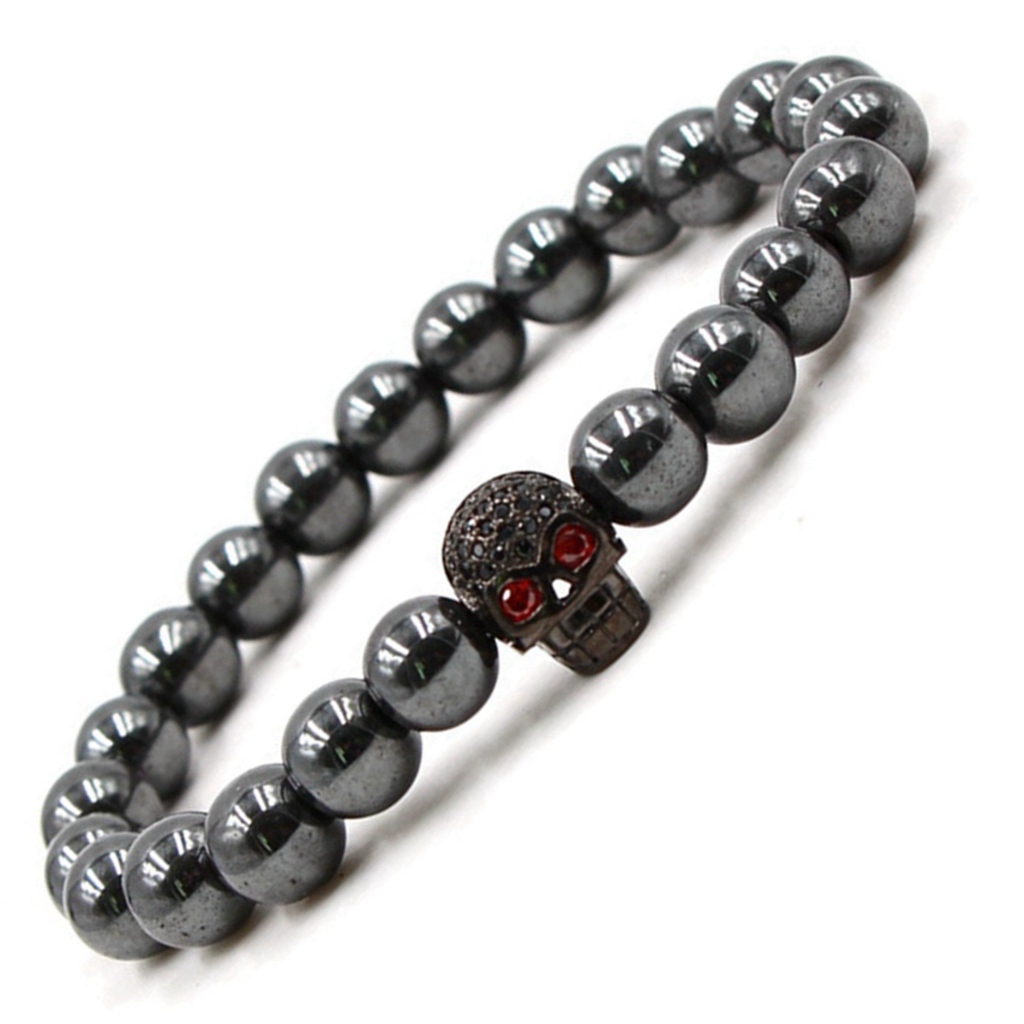 CZ Rhinestone Skull Alloy 8MM Magnetic Hematite Bracelet